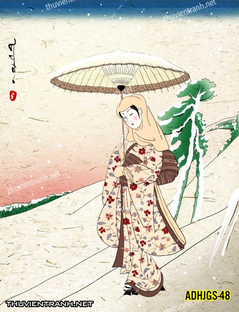Tranh dán tường Cô gái  Nhật Bản mặc kimono, tranh minh họa cô gái Nhật Bản xưa -ADHJGS-48 - Tranh tường chất lượng cao